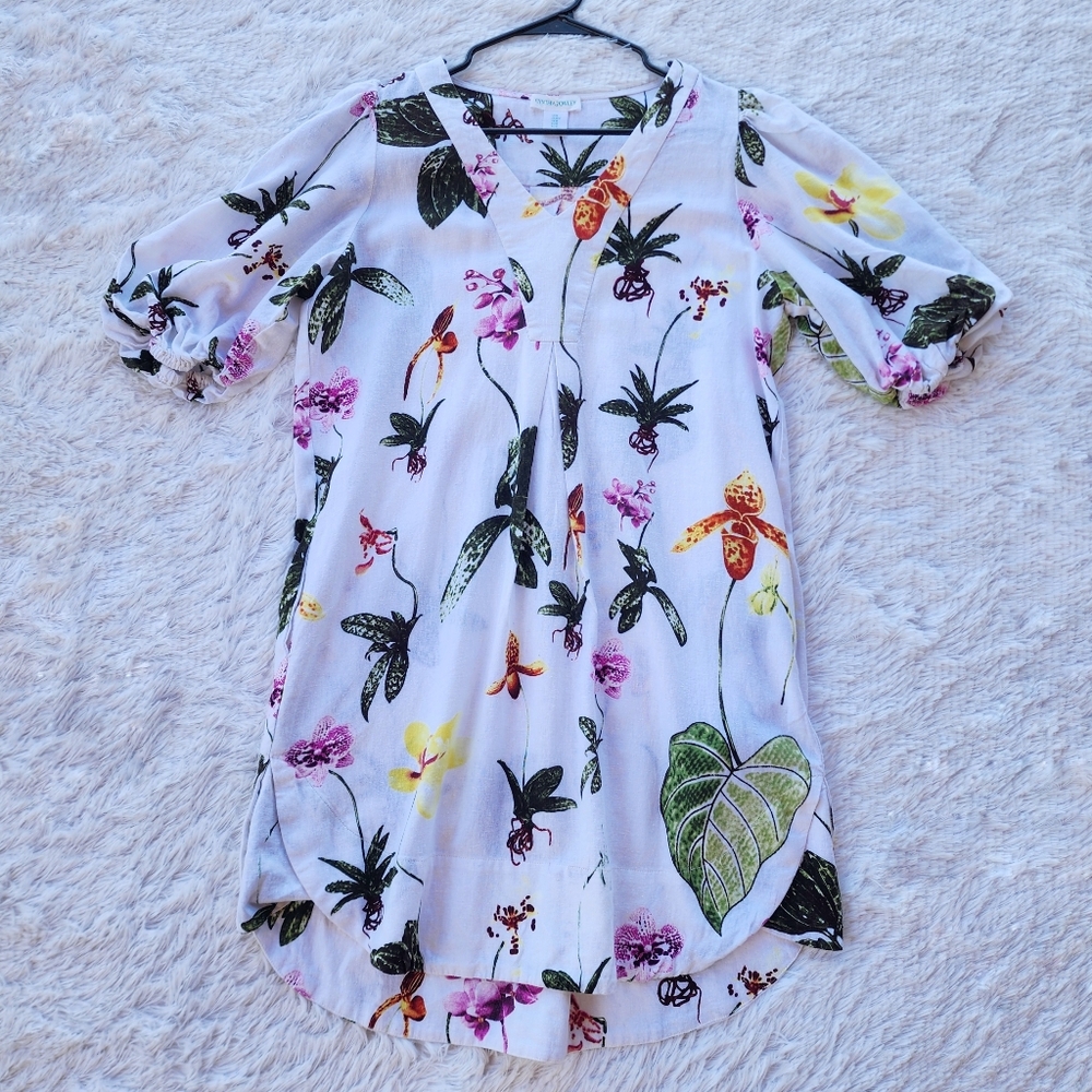 Cynthia Rowley Botanical Print Linen Blend Puff Sleeve Mini Dress